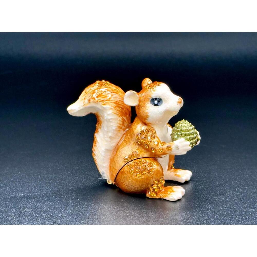 Cute Jeweled Squirrel Trinket Box with Acorn – Rhinestone Crystal Collectible